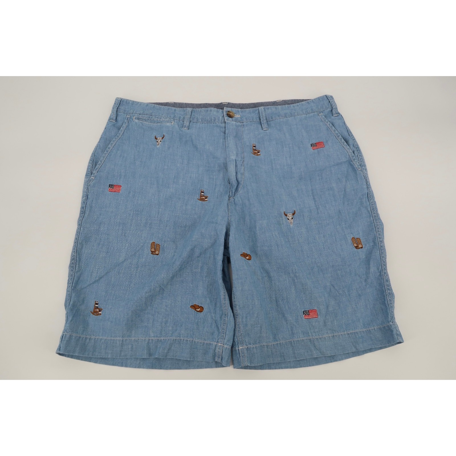 Polo Ralph Lauren Shorts Mens 38 Chambray Embroidered Usa Flag Cowboy Western
